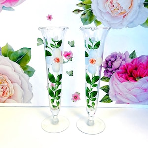 Pair Vintage Hand Painted Dogwood Bud Vases, 2 Fluted Floral Bud Vases, Hand Painted Bud Vases, Two Cottage Style Bud Vases