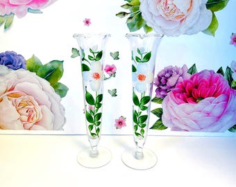 Pair Vintage Hand Painted Dogwood Bud Vases, 2 Fluted Floral Bud Vases, Hand Painted Bud Vases, Two Cottage Style Bud Vases