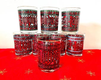 Set Of 8 Houze Happy Holidays Glasses, Double Old Fashioned Houze Christmas Stained Glass Cocktail Glasses, 60s Houze Happy Holidays Glasses