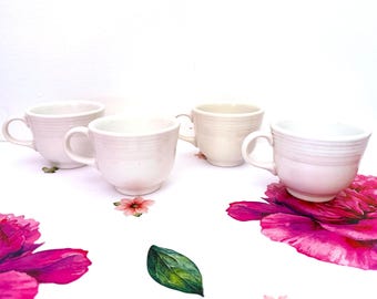 4 Homer Laughlin White Fiesta Flat Cups, White Fiesta Ware Coffee Cups, White Fiesta Coffee Mugs, White Fiesta Tea Cups