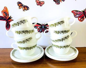 8 Corelle Spring Blossom Cups and Saucers, Pyrex Crazy Daisy Blue Mugs & Corning Saucers, 4 Corning Livingware Spring Blossom Cups Saucers