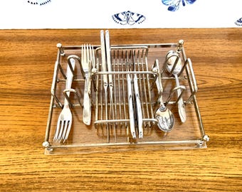 1970s Store & Serve Lucite and Metal Flatware Holder/Buffet Server Brass Finish