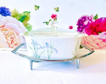Corning Ware Shadow Iris Casserole With Corningware Cradle, Shadow Iris A-1 1/2-B, Corning Iris 1.5 Liter Covered Casserole And Stand