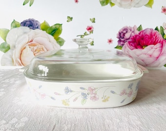 Corning Ware Pastel Bouquet 10" Covered Skillet, Large Corning Pastel Bouquet Baker, Corning Ware Pastel Bouquet Baking Pan, Corning A-10