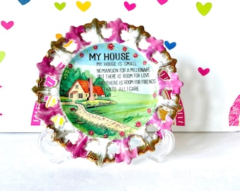 Housewarming Plate, Cottagecore Decorative | Vintage Made In Japan | 7 Inch, Pink & Gold Accent, Sentimental Quote