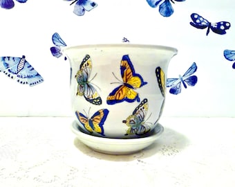 Vintage Ceramic Butterfly Flowerpot With Attached Underplate, Butterfly  Jardiniere