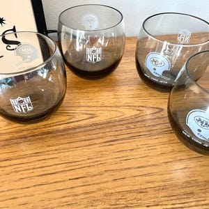 4 1970 Vintage New York Jets Roly Poly Glasses, NFL Whisky Glasses, New York Jets Whiskey Glasses, NFL Smoky Gray Cocktail Glasses