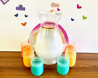 West Virginia Blendo Pitcher and Glasses, White Blendo Pitcher & 6 Colorful Glasses, West Virginia Riviera Juice Set, 7 Piece Blendo Set