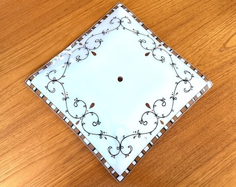 Mid Century Square Ceiling Light Cover, 13.5" Black Scroll and Gold Geometric Frosted Glass