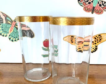 2 Tiffin Franciscan Laurel 12 Oz Flat Tumblers, Tiffin Franciscan Laurel Optic Panel Gold Band Highballs, Laurel Gold Rim Encrusted Glasses