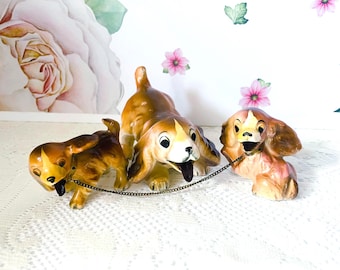 Vintage Ceramic Cocker Spaniel Family, Mother & Puppies Cocker Spaniel Dogs, Mid Century Dog Figurines, Chained Cocker Spaniel Family