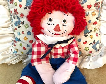 Vintage Raggedy Andy 20" Doll, Handmade Raggedy Andy Doll With Felt Nose And Googly Eyes, Hand Embroidered Raggedy Andy Doll