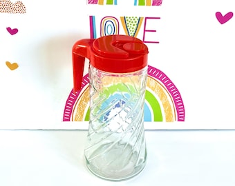 60s Space Age, Anchor Hocking Tang Juice Carafe | Swirl Glass | 1 Quart, Bright Orange Lid