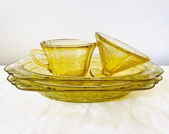 1930s Vintage Federal Glass Amber Madrid Bowls, Creamer, Sherbet (4 Piece Lot)