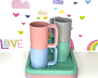 1980's Pastel Snack Set, Colorful Picnic Dining Set, AM-PRO Square Snack Set, Pastel Rainbow Plastic Plates & Mugs