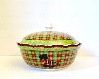 222 Fifth Christmas Scotty Argyle Casserole, Scotty Dog Casserole Dish, 222 Fifth (PTS) Plaid Serving Dish, Plaid Covered Casserole Dish