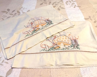 Pair Tastemaker Vintage Hand Embroidered Mushroom Standard Pillowcases