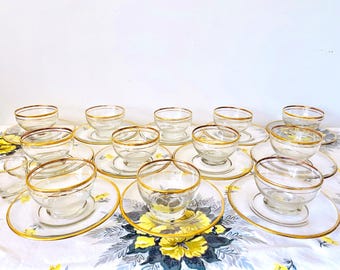 Lot Of  Anchor Hocking Gold Edge & Hairline Sherbet Dishes And Dessert Plates, Gold Trim Shot Glasses, Anchor Hocking Gilded Dessert Set