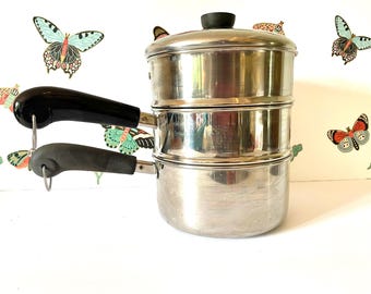 Revere Ware Tri-Ply 2 Quart Saucepan Double Boiler & Steamer, Revere 18/10 Stainless Steel Steaming Basket, Revere Double Boiler, Revere 88A