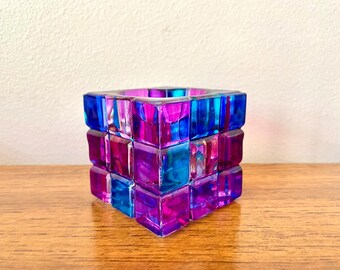Purple Cube Votive Candle Holder, Rubik's Cube Style Glass Candle Holder, Luminessence Candle Holder, Purple Stained Glass Tea Light Holder