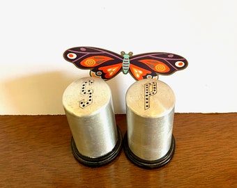 Kromex 50s  Spun Aluminum Salt and Pepper Shakers, Small Made in USA Salt and Pepper Shakers, Brushed Aluminum Salt and Pepper Shakers
