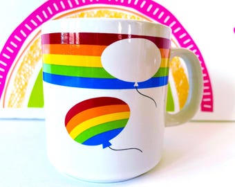 Russ Rainbow Balloon Mug, Rainbow Coffee Mug, Russ Berrie and Company Rainbow Coffee Cup, Vintage 80's Rainbow Balloon Coffee Mug