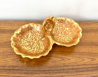 Stangl Granada Gold Nut Dish, 1960s Double Leaf Trinket Dish, Stangl Granada Gold Cabbage Leaf Jewelry Dish, Vintage Bedside or Vanity Dish