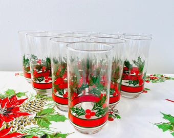 12 Vintage Libbey Christmas Tumblers, Libbey Holly and Berry Glasses, Libbey 16 Oz Tumblers Holly & Berries, Libbey Christmas Glasses