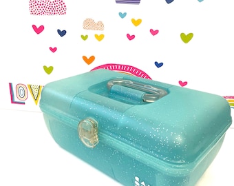 Aqua Green Glitter Plastic Caboodle Jellies Make-Up Case With Mirror, 90s Craft/Sewing Box