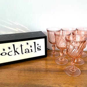 6 Rosaline Pink Swirl Optic Water Goblets, Cristal D’Arques-Durand Made in France Wine Glasses, Vintage Pink Depression Glass Stemware