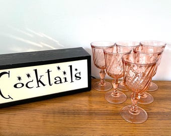 6 Rosaline Pink Swirl Optic Water Goblets, Cristal D’Arques-Durand Made in France Wine Glasses, Vintage Pink Depression Glass Stemware