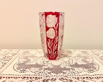 Anna Hutte Bleikristall Ruby Vase, Anna Hutte Asti Rosaline Ruby Crystal Vase, Ruby Flash Cut Lead Crystal Vase, Cut To Clear Rose Vase