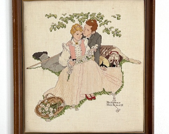 Vintage Norman Rockwell's Four Ages of Love (Summer) Completed Framed Cross-Stitch, Wedding Cross-Stitch in Frame, Summer Love Cross Stitch