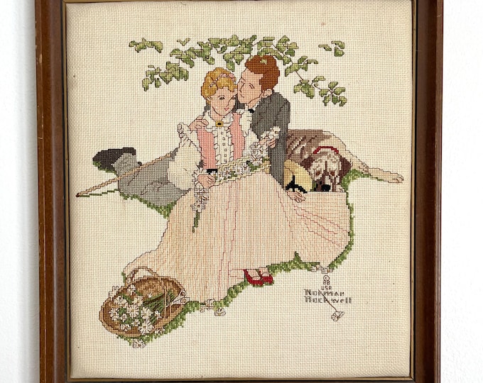 Featured listing image: Vintage Norman Rockwell's Four Ages of Love (Summer) Completed Framed Cross-Stitch, Wedding Cross-Stitch in Frame, Summer Love Cross Stitch