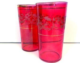 Pair Ruby Red Embossed Art Deco Glasses With God Trim