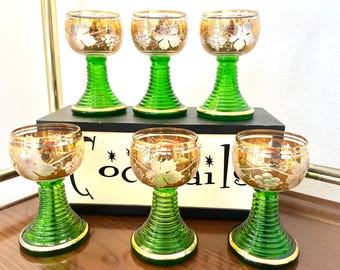 Vintage Roemer Wine Glasses, Gold Grape Vine, Beehive Stem (Set of 6)