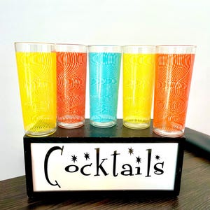 5 Mid Mod Swirl Highball Glasses, 60s Atomic Barware, Mid Century Modern High Ball Glasses, Groovy Aqua Orange Yellow Tom Collins Glasses