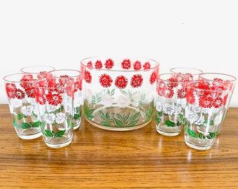 9 Piece Hazel Atlas Swanky Swigs Bachelor Button Cocktail Set, Kraft Swanky Swigs Drink Ware, Swanky Swigs Floral Ice Bucket and Glasses