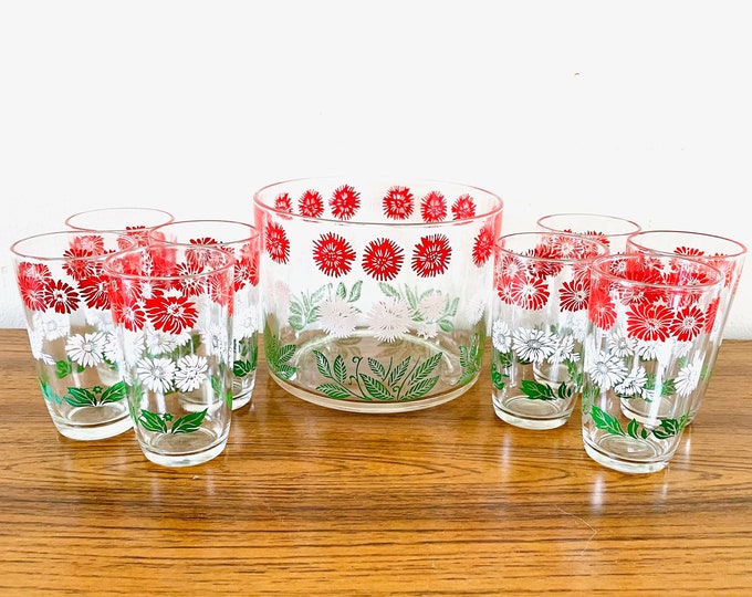 Featured listing image: 9 Piece Hazel Atlas Swanky Swigs Bachelor Button Cocktail Set, Kraft Swanky Swigs Drink Ware, Swanky Swigs Floral Ice Bucket and Glasses