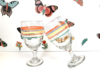 2 Vintage Libbey Multicolor Striped Goblets, Libbey Banded Wine Glasses