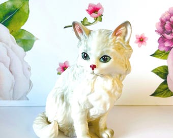 Vintage Lefton Persian Cat Figurine, White Porcelain, Blue Eyes (6")