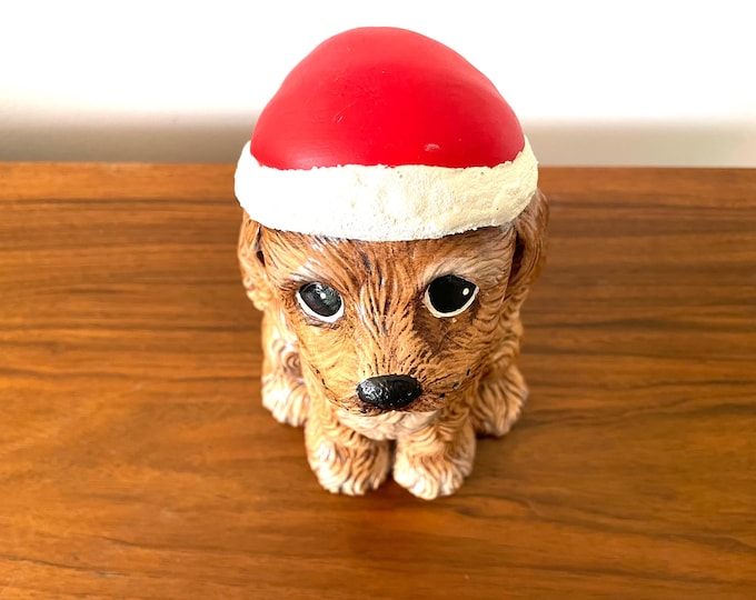 Featured listing image: Handmade Ceramic Christmas Cocker Spaniel, Christmas Dog In Santa Hat, 9 Inch 1980s Ceramic Christmas Dog Signed By Artist, Christmas Puppy