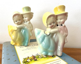 Pair 1940s Shawnee Pottery Boy And Girl Dancing Planters, 2 Mid Century Dancing Children Cache Pots, Formal Couple Dancing Ceramic Planters