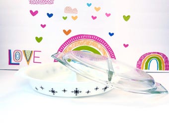 Pyrex Compass Snack Server Dish, Divided Atomic Star Design (Vintage 1.5 Qt)