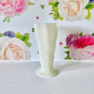 Anchor Hocking Vintage Milk Glass Footed Flower Vase, Mid Century Grape Motif Milk Glass 9.5&quot; Vase, Farmhouse Vase, Large Milk Glass Vase