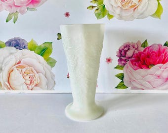 Anchor Hocking Vintage Milk Glass Footed Flower Vase, Mid Century Grape Motif Milk Glass 9.5" Vase, Farmhouse Vase, Large Milk Glass Vase