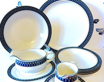 9 Pieces MIKASA Aztec Blue Dinnerware, Mikasa Potter's Touch Aztec Blue Gravy Boat, Aztec Blue Creamer, Aztec Blue Bowls, Aztec Blue Platter