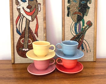 4 Homer Laughlin Fiesta Cups and Saucers, Periwinkle Fiesta, Persimmon Fiesta, Yellow Fiesta and Rose Fiesta Cup and Saucer Sets