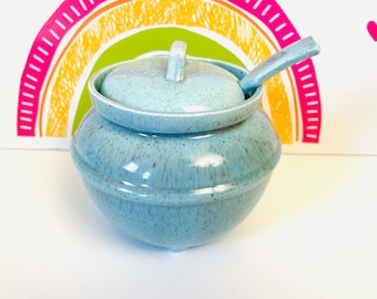Mid Century Aqua California Pottery Sugar Bowl With Spoon, California Pottery Blue Sugar Bowl,  Turquoise Speckle Ware Sugar Bowl