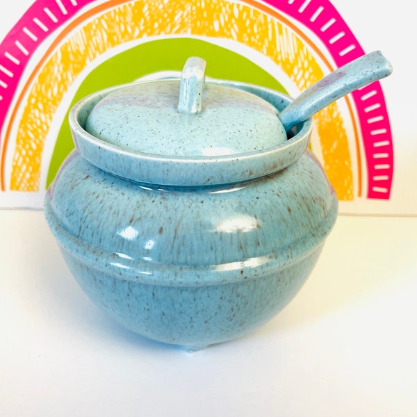 Mid Century Aqua California Pottery Sugar Bowl With Spoon, California Pottery Blue Sugar Bowl,  Turquoise Speckle Ware Sugar Bowl